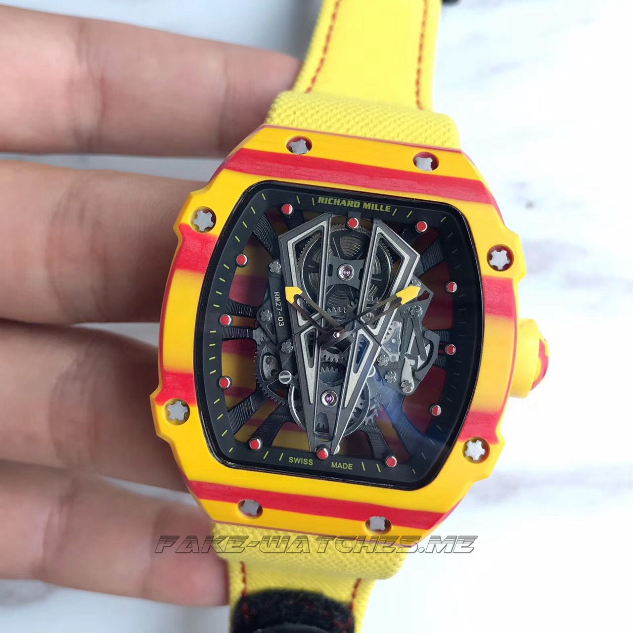 Richard Mille RM27-03 Rafael Nadal RM Yellow & Red Forged Carbon Black Skeleton Dial